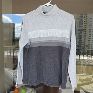 Lands End Womens Mock Neck Sweater Gray Ombre Graduated Stripes Size S